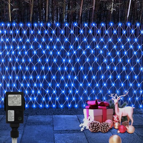 CCILAND 3x2m Christmas Net Lights Outdoor Mains Powered - 200 LED Mesh Light Plug in, 8 Modes 30V Low Voltage Garden Bush String Lights for Shrub Fence Backyard Patio Lawn Window (Blue)