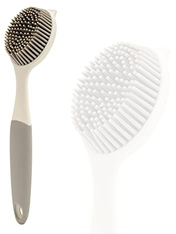 Dish Scrubber, Silicone Soft Bristles Scrub Brush with Scraper Tip, Comfortable Grip Brushes for Kitchen Sink, Pans, Pots, Skillet, Vegetable, Fruit, Potato Cleaning (White/Grey)