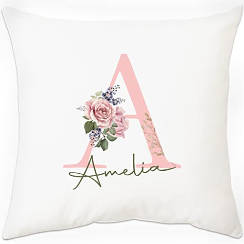 PB TECH Personalised Pillow Cushion Cover, Customise Name And floral Initial Cushion Cover 40x40CM Without Filling Custom Gift For Her Him Couple Family Friend Christmas Birthday Anniversary Present