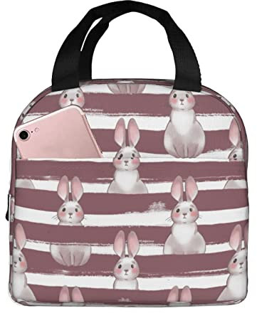 XVBCDFG Bolsas de almuerzo con estampado de conejito rosa de dibujos animados para hombres y mujeres, fiambreras reutilizables aisladas, pequeñas bolsas de a