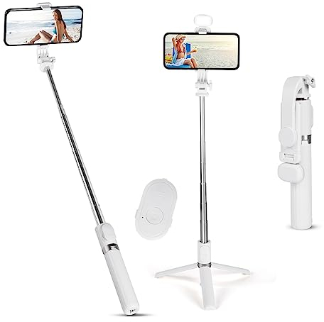 Flintronic Perche à Selfie Trépied 100cm avec Télécommande Bluetooth Amovible et Lumière d'Appoint - Bâton Extensible Télescopique pour iPhone et Android