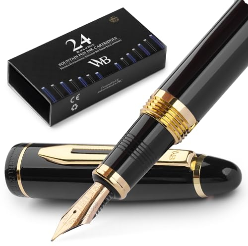 Wordsworth & Black Füllfederhalter Majesti – Luxusgehäuse (schwarz) mit 24 Karat Gold-Finish, extra feine Feder 18 Karat – Tintenpatronen, nachfüllbarer Tintenkonverter – Kalligraphie-Stift