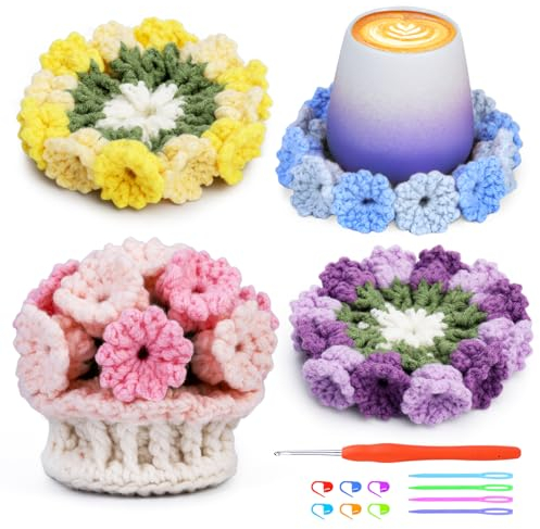 MASPHY Häkelset für Anfänger, 4-Teiliges Teetasse Matte Häkelset, Blumentopf Häkel-Starterset, Blumentasse Matte Häkelset, mit Schritt-für-Schritt Video Tutorial