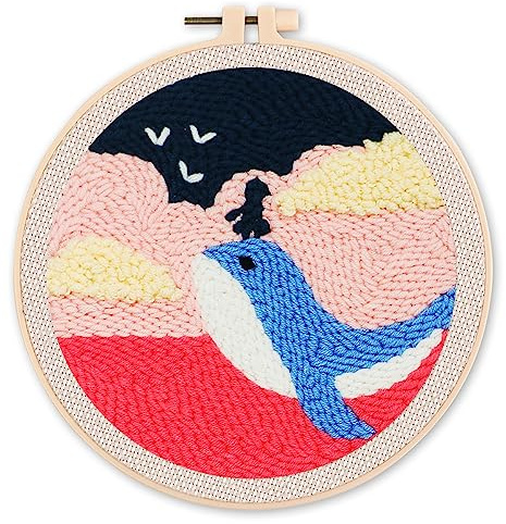 Figured'Art Punch Needle Set für Erwachsene - Stickerei, ideal für Anfänger - Kleines Mädchen und ein Wal in der Abenddämmerung - 20x20cm mit rundem Rahmen