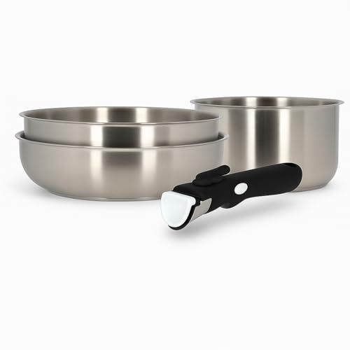MENASTYL - Batterie de cuisine inox 18/10 amovible 4 pièces Iris Inox sans PFAS - Tous feux dont induction, four, réfrigérateur et lave-vaisselle - Empilable et résistante - Poignée double sécurité