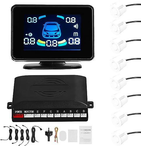 Shkalacar Einparkhilfe, Rückfahrhilfe vorne hinten mit 8 Parksensoren, Abstandserkennung, LCD Abstandsanzeige, Unterstützt akustische Warnung/Summer/Stummschaltung, Parksensor für 12V Fahrzeugen, Weiß