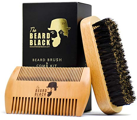 Beard Brush & Comb Set for Men - Natural Boar Bristle Brush, Dual Action Pear Wood Comb, Gift Box & Travel Pouch. Enhances Growth & Styling with Balm Oil Distribution by The Beard Black (Black)