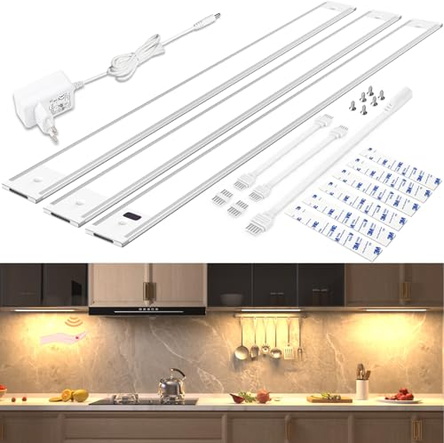 WOBSION LED Unterbauleuchte Küche Dimmbar mit Berührungsloser Sensor,Warmweiß Unterbau Lichtleiste für Unterschrank Beleuchtung,3000k Ultra Dünn Lampe für Küchenschrank,Werkbank,42CM×3PCS,1300LM