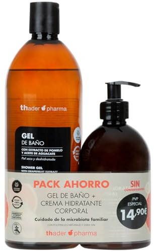 Thader Pharma Pack Gel de baño 1000 ml + Crema corporal 500 ml con Polifenoles naturales ideal para piel seca y deshidratada