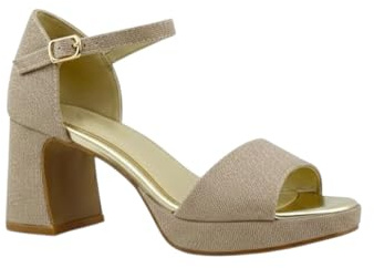 MODELISA - Sandalia Tacon Ancho Fiesta Brillo Punta Abierta Hebilla Pulsera Tobillo Boda Mujer (Dorado, 39)