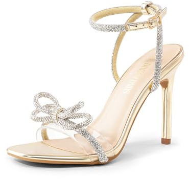 DREAM PAIRS Women's Double Bowknots Crystal Sandals Clear Slingback Heels Square Toe Shoes for Party Wedding Brielle,Size 6,Gold-Pu,SDHS2389W