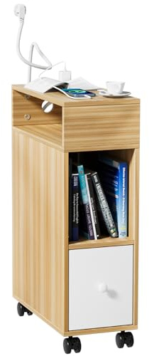 Nachttisch mit Ladefunktion, 70x50x25 cm Beistelltisch mit Rollen, Nachttische mit Schublade Offenen Fächern, Nachttisch Holz, Tisch Wohnzimmer, Betttisch, Holzfarbe Nachtschrank für Schlafzimmer Büro