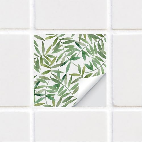 Alwayspon Lot de 25 autocollants de transfert pour carrelage de salle de bain, cuisine, crédence, carrelage mural en vinyle à décoller et coller - Feuilles vertes - 15 cm