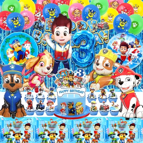 56PCS Paw Dog Geburtstag Deko 3 Jahre, Patrol Dog Deko Kindergeburtstag,Paw Dog Geburtstag,Patrol Dog Party Set,Paw Dog Luftballon,Kuchen Topper,Tischdecke,Patrol Dog Kindergeburtstag Deko für Kinder