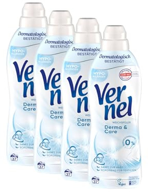 VERNEL Derma & Care Weichspüler 4x 37 WL (148 Waschladungen), hypoallergener & speziell für sensible Haut entwickelter Wäscheduft sorgt für unwiderstehliche Weichheit, recycelbar