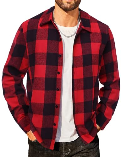 COOFANDY Camisa de hombre de franela a cuadros, manga larga, estilo button down, estilo leñador, ajuste regular, para uso casual, Rojo y negro., XXL
