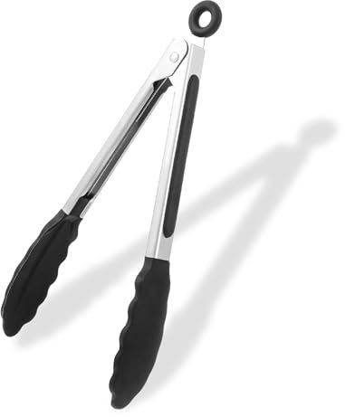 COMNICO 1 mini pince de cuisine en acier inoxydable de 17,8 cm - Résistante à la chaleur - Antiadhésive - En silicone - Avec embouts en silicone antidérapants et prise en main - Pour la cuisine, la