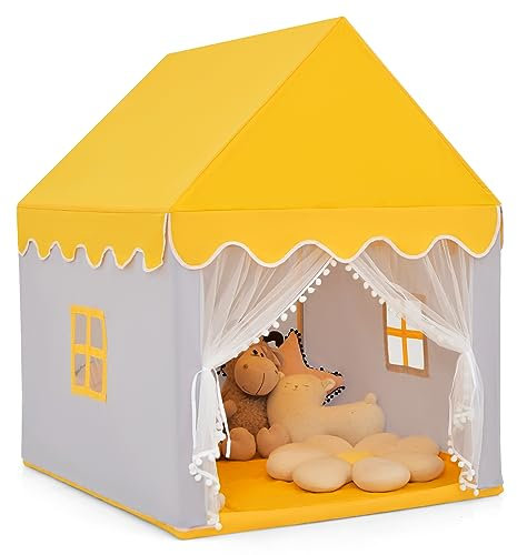 DREAMADE Kinderzelt für Drinnen, Kinder Spielhaus Indoor mit gepolsterter Matte & Massivholzrahmen & Fenstern, Tipi Zelt, Spielzelt für Jungen und Mädchen 120x105x140cm (Modell 2 - Gelb)