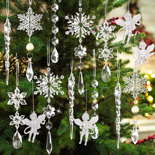Weihnachtsdeko Christbaumschmuck Eiszapfen Schneeflocken Engel Anhänger 26 Stück, Acryl Weihnachtsbaumschmuck Weihnachten Hängend Ornamente Weihnachtsanhänger für Weihnachtsbaum Deko