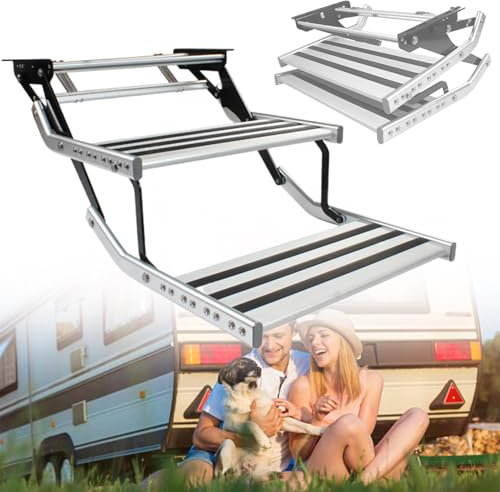 ERSINIAN Marchepied pour Camping-Car, marchepied Pliable pour Caravane, marchepied Robuste en Alliage d'aluminium pour Camping-Car, marchepied à 2 marches (électrique) LED