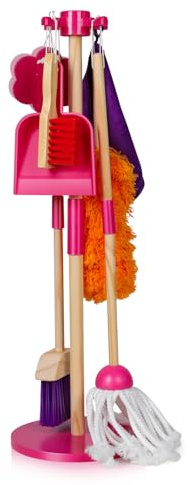 Masthome Wooden Kids Cleaning Set, 8 Pcs Toddler Housekeeping Pretend Play Toys, Broom Mop Dustpan Duster Cleaning Tools with Storage Stand, Educational Life Skill Play Kit for Boys GirlsAges 3+