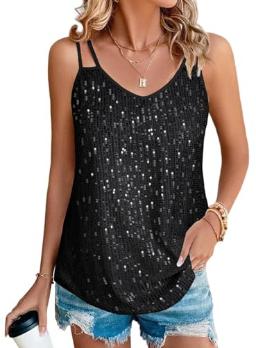 Suncife Gilet da Donna Senza Maniche con Paillettes Top Scollo a V Top Scintillante, Nero, S