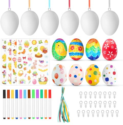 Augesak Plastik Ostereier zum Bemalen 25 Stück Deko Ostereier zum Aufhängen Plastikeier zum Bemalen Ostereiers Basteln Set mit Stiften Seil Haken und Aufkleber Kunststoffeier für Osterdekoration