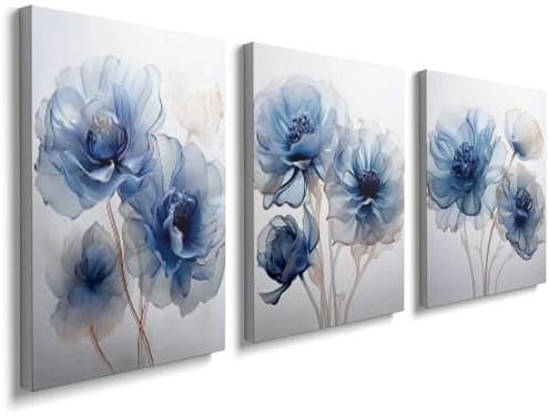 prinfantasy Blue Flower Modern Abstract Paintings - Canvas Wall Art Floral Pictures on Canvas Print 3 Panels Artwork for Living Room Bedroom Office Home Decoration 0406