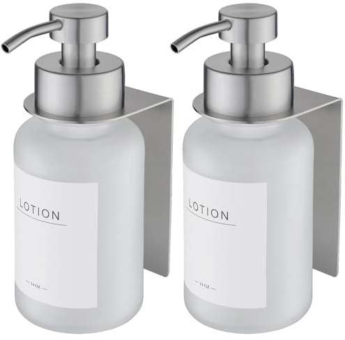 Glas Seifenspender mit Wandhalterung selbstklebend | Edelstahl-Pumpspender für Flüssigseife | Spülmittelspender ohne Bohren 400ml (Frost/Silber X2)