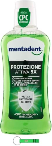 MENTADENT Collutorio Protezione Attiva - Enjuague bucal diario para higiene bucal, efecto fresco intenso, protección de dientes y encías, 400 ml + llavero Beni Culinari gratuito