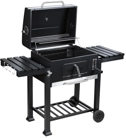 Eikuavons Grillwagen xxl, Holzkohlegrill mit Deckel und Rädern, inkl. doppelter klappbarer Ablage, Haken, Thermometer, Grillroste, etc., Campinggrill und Smoker für den Garten, grau