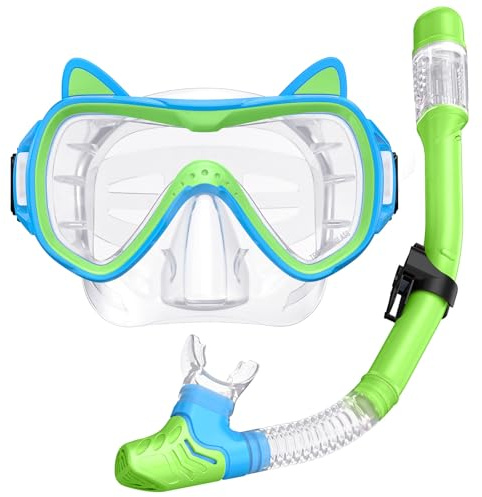 2026 Cute Kitten Kids Snorkel Set,Pastel Colors, Anti-Fog Tempered Glass Snorkeling Gear for Kids Age 6 and up – Ideal for Birthdays or Graduation Celebrations!