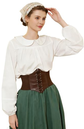 BEAUTELICATE Blusa Victoriana con Botones Traseros Manga Abullonada Camisa con Cuello Peter Pan 100% Algodón Blanco S-2XL (Nergo,S)
