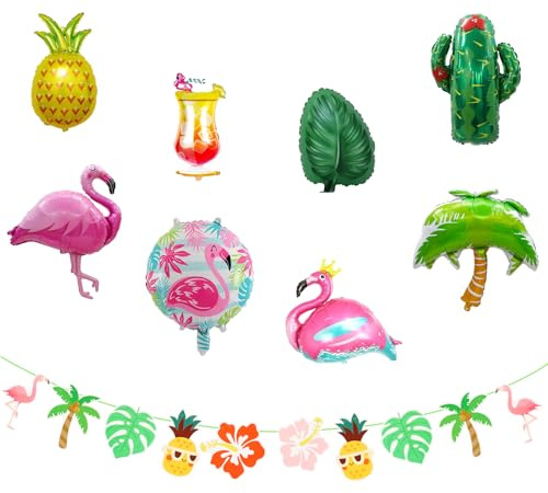 Anseom 8 Piezas Globos Tropicales, Globos de Aluminio Hawaianas, Globos Fiesta Hawaiana con 1 Banner de Decoración del Partido Hawaii para Cumpleaños Fiesta Temática de Verano en la Playa