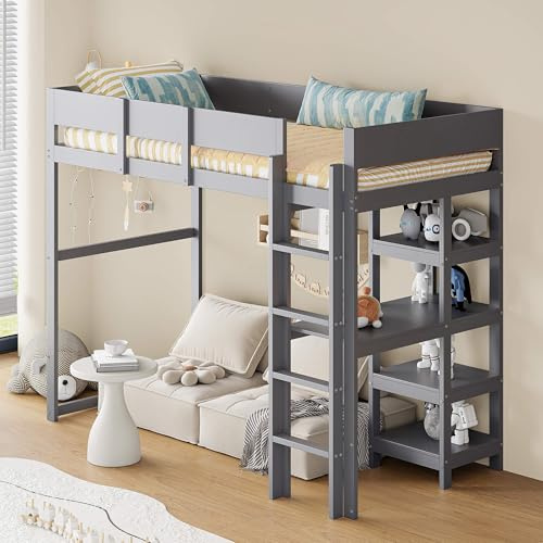 HYUB Hochbett Holzbett 90x200 cm mit Stauraum und Rausfallschutz, Etagenbett Einzelbett mit Lattenrost und Regalen, Bettgestell aus Kiefernholz, Grau