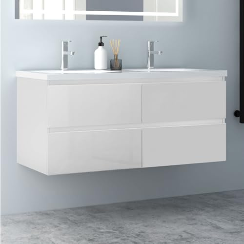 Biubiubath Badezimmermöbel 120cm Mineralguss Waschtisch mit Unterschrank Badmöbel Set Badezimmerschränke mit 2 Soft-Close Schubladen Hochglanz Weiß