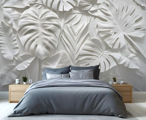 GIVLWF Monstera Leaves Wallpaper, 3D Relief Tropical Leaf Peel and Stick Wallpaper for Bedroom, Abstract White Wall Paper for Living Room, Retro Wall Mural, Simple Large Mural & Room Decor