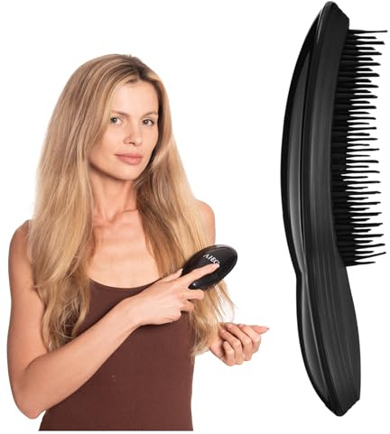 AJK - Haarbürste ohne Ziepen - Detangler Bürste für feines, verfilztes, beschädigtes und sprödes Haar - Entwirrbürste auch für Locken & Lange Haare - Sanfte Borsten Reduzieren Haarbruch - Schwarz
