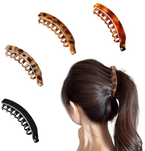 Uncle yang 4 Stück Banana Clip Haarklammer für Dickes Haar - Extra Große Bananenspange 13cm - Rutschfeste Vintage Haarspangen in Kaffee-Bernstein, Creme-Bernstein, Schwarz, Schildpatt
