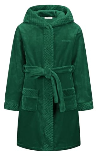 BuyiRen Boys Girls Dressing Gown Kids Robes - Flannel Hooded Robe Loungewear, Sante Green, 8-9 Years