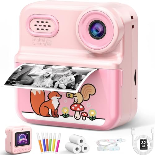 Kotopa Kinderkamera Sofortbildkamera, 1080P HD 2,4 Zoll Doppellinsen Sofortbildkamera Kinder mit 32GB Karte und 3 Rollen Druckpapier Kinderspielzeug Geschenke für Jungen Mädchen 3-12 Jahren(1 Packung)