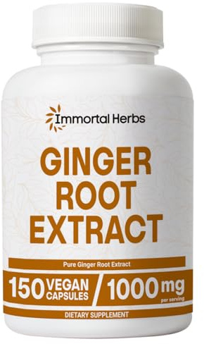 Immortal Herbs Ginger Root Capsules 1000mg, 4:1 Extract Powder, 150 Pills, Vegan, Non-GMO and Gluten-Free Ginger Supplement for Men and Women, 2 Month Supply