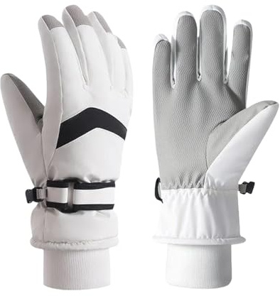 JiaYouLC Kids Fleece Lined Warm Ski Gloves Winter Thermal Waterproof Anti Slip Gloves for Age 4-12 Children for Snow Snowboarding Sledding Cycling (White, M)