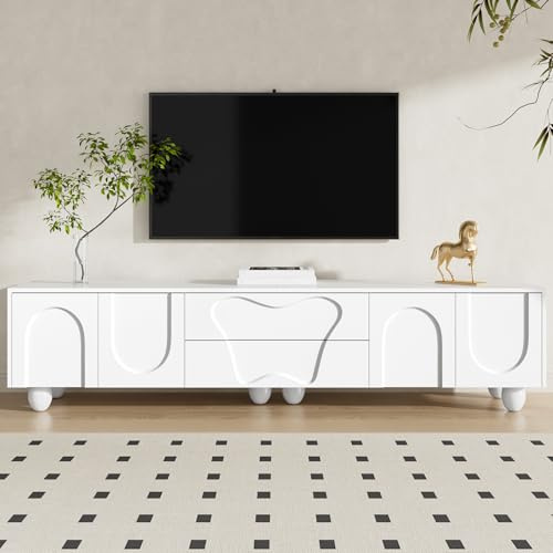 FammyLoft Mueble bajo para TV de 180 cm con 4 puertas y 2 cajones, con patas de madera, armario para TV con mucho espacio para salón, TV o tablero, color blanco