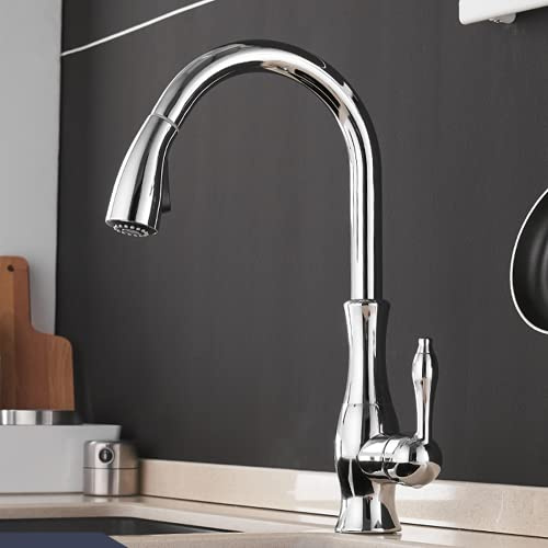 Golden - Grifo mezclador de cocina extraíble de un solo mango, mezclador de agua giratorio de un agujero, acabado plateado moderno, elegante y funcional, grifo para fregadero de cocina