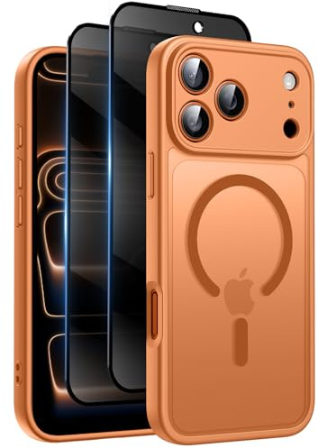 HeIssitot for iPhone 17 Pro Max Case, Privacy Screen Protectors X2, Orange | Compatible with MagSafe, Camera Protection, 15FT Military Drop Protection, Translucent Matte Shockproof Phone Cover