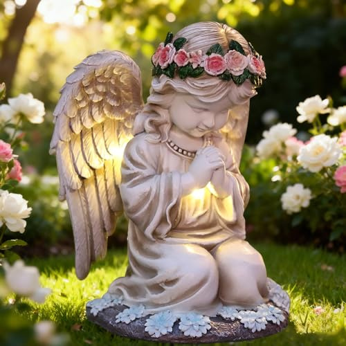 Nzkeuf Estatuas de ángel Solar de jardín, Decoración de Tumba Resistente a la Intemperie, Estatuas de Ángel Solar para Jardín para Terraza, Balcón, Alféizar, Figura de Ángel De La Guarda Orando