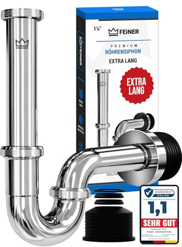 FEINER® Premium Universal Siphon Waschbecken EDELSTAHL, [Extra Lang] höhenverstellbar 2-20 cm, Waschbecken Ablaufgarnitur 1 1/4“ x 32mm, Inkl. Gratis-Dichtungsset + Montage-Video