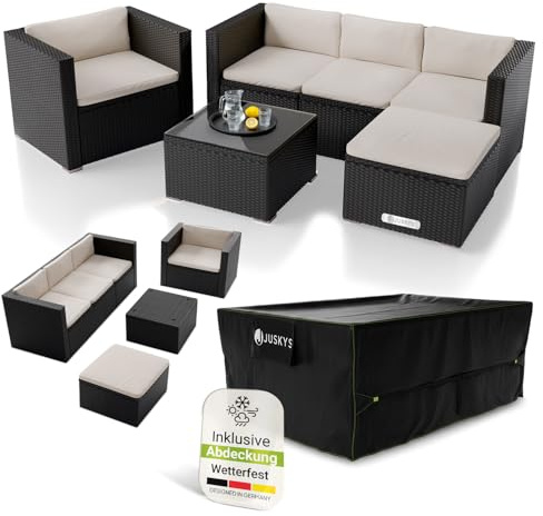 Juskys® Polyrattan Lounge Punta Cana L inkl. Abdeckung für 4-5 Personen mit Sofa, Sessel, Hocker, Tisch & Kissen, Sitzgruppe für Garten, Terrasse & Balkon, Gartenmöbel Set wetterfest - Schwarz/Creme