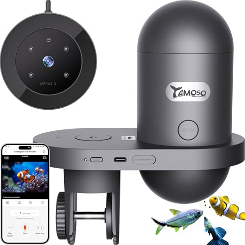 YAMOSO WiFi Distributeur de Nourriture pour Poissons, Caméra et Application | Contrôle par App, Programme de Nourrissage Personnalisable, Alerte Pénurie, Mode Secours, Idéal Vacances et Quotidien,230 ml